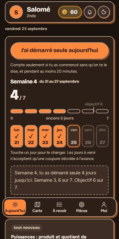 L'onglet Aujourd'hui de l'élève, avec le bouton J'ai démarré seule aujourd'hui, la semaine en cours et l'objectif