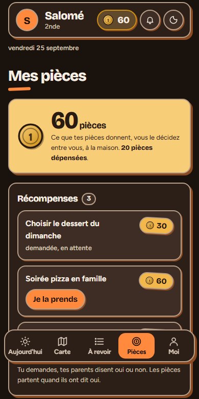 L'onglet Pièces, avec le solde et les récompenses demandées à la maison