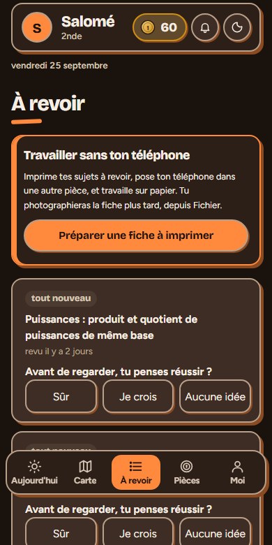 L'onglet À revoir, avec les sujets à revoir et la question Avant de regarder, tu penses réussir ?