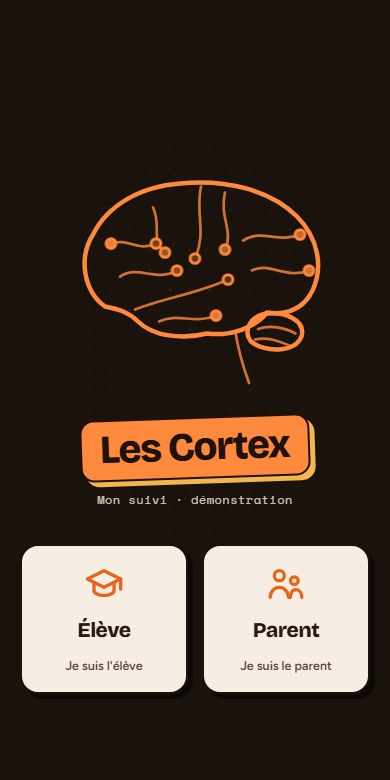 L'écran d'ouverture de l'appli, un cerveau tracé en orange et le choix entre élève et parent